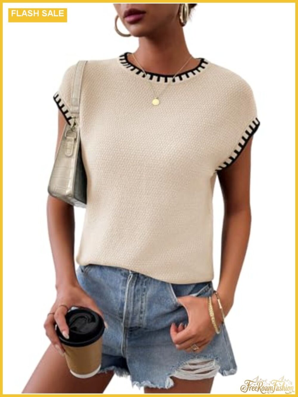 Cap Sleeve Knit Sweater Vest Womens Crew Neck Tank Top Loose Fit